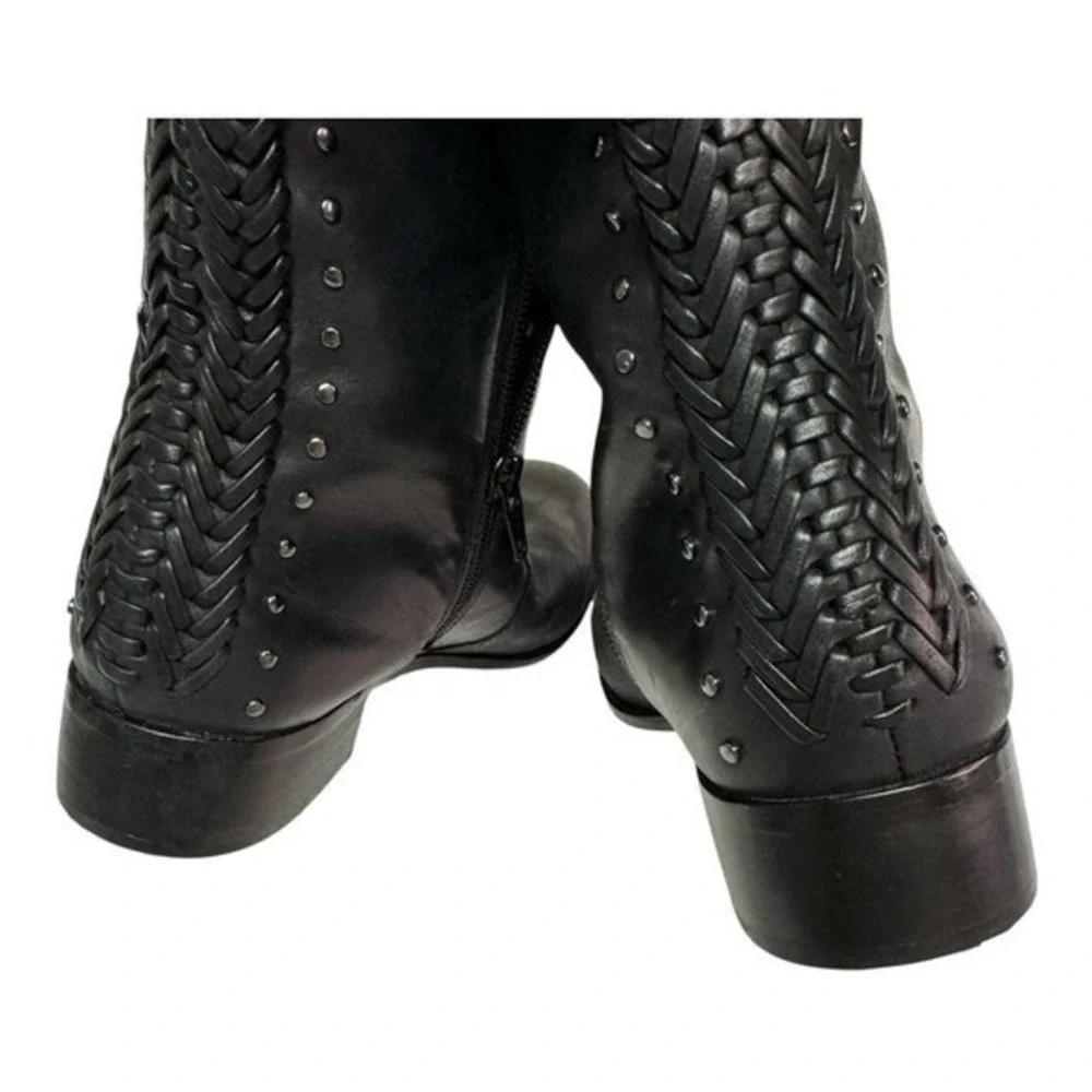 Antonio Melani‎ Black Leather Studded Braided Riding Boots  Size 7.5
